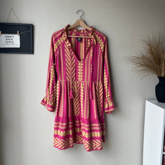 Anthropologie Maeve Dress Pink Yellow Geo Boho Print Tassel Tunic Mini Dress XS‎ - Picture 1 of 9